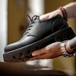 Maden Vintage Men's Matte Black Derby Shoes for Spring and Autumn Casual Low-top Boots Thick Sole Retro Lace-Up Dress Work Shoes