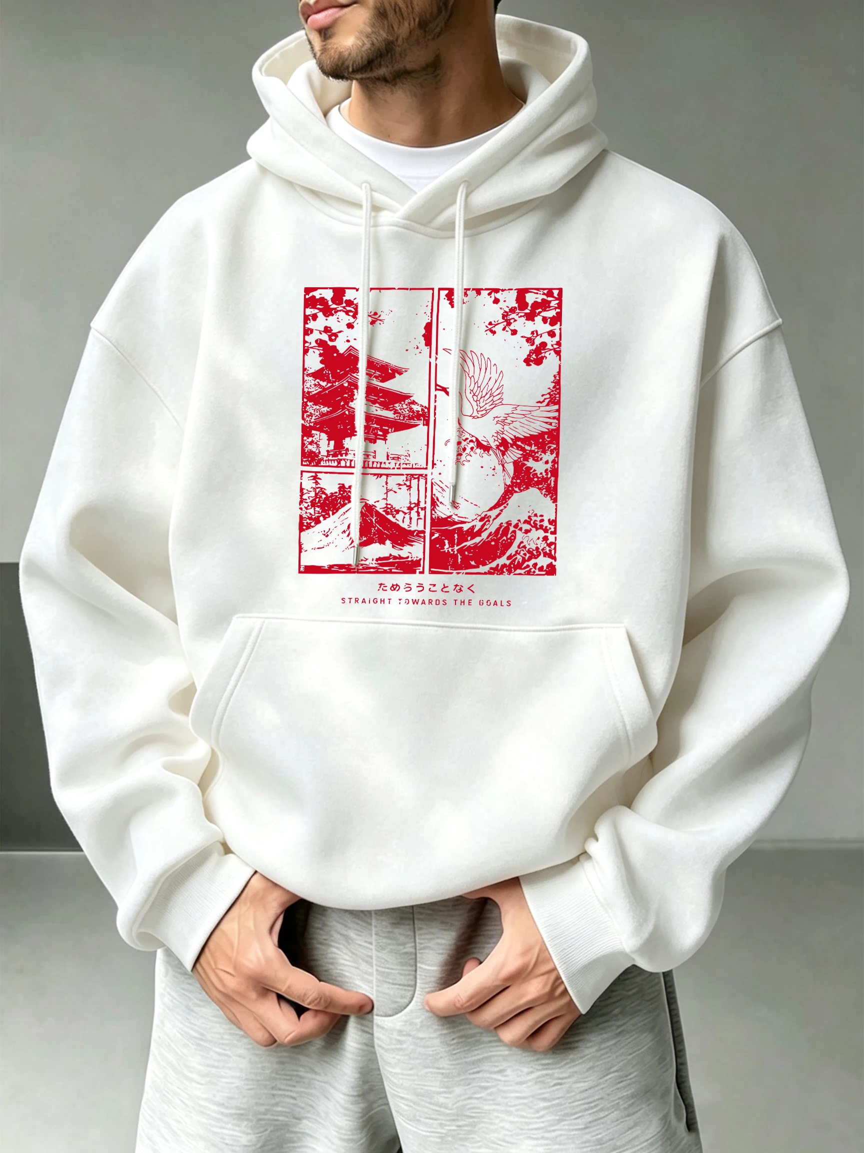 Japan Building Cherry Bloom Harajuku Crane Print Sport Hoodie Men Street Pullover Basic Casual Sweatshirt Autumn Fleece Clothes