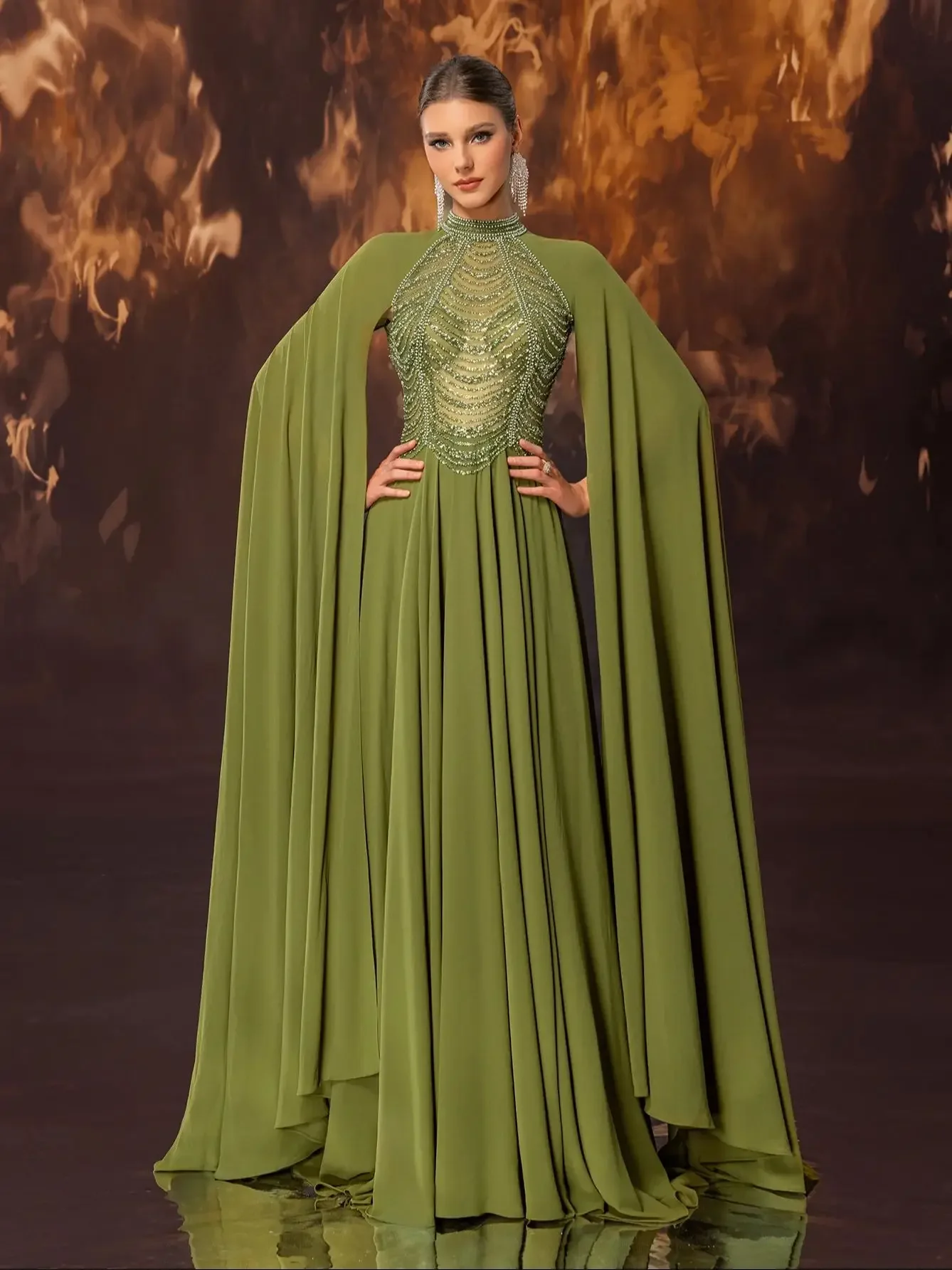 

Women Formal Banquet Evening Dress Gorgeous Chiffon Nail Bead Stand Up Collar, Ultra Long Sleeve Evening Dress Customized
