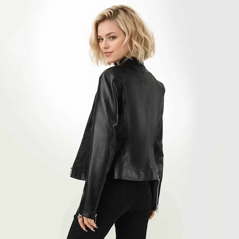 PU Leather Jacket for Women Black Brown Rose Orange Moto Biker Zipper Jackets Spring Autumn Streetwear Slim-Fit Short Outwear