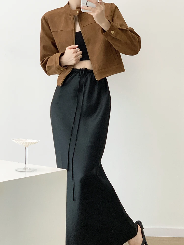 YAHI 秋の新作 スエード マーメイドコート レディース ヴィンテージ風 スリムフィット 小さいサイズ スタンドカラー アウター
