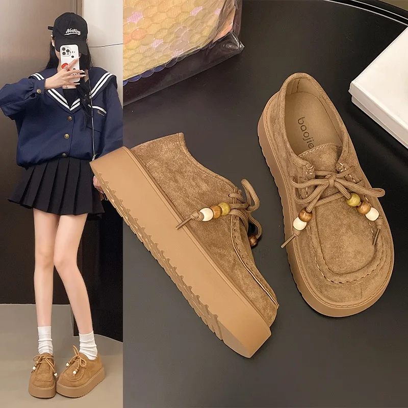 

2025 New Retro Round Head Shoelace British Style Thick Bottom Versatile Tassel Flats Women's Shoes Trendy All-Match Loafers