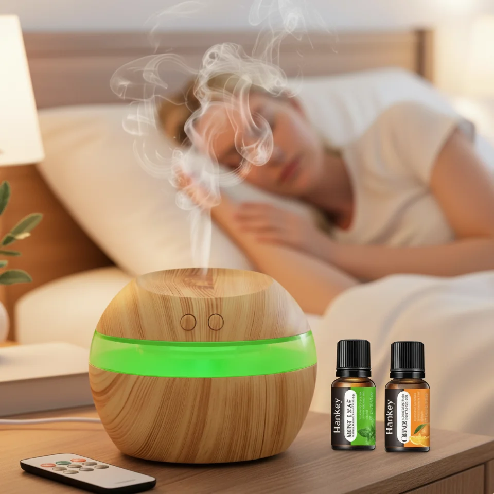 

300ml USB Wood Grain Humidifier with 2 Essential Oils, 7 Color LED Lights, Ultra Quiet, Auto Shut-Off