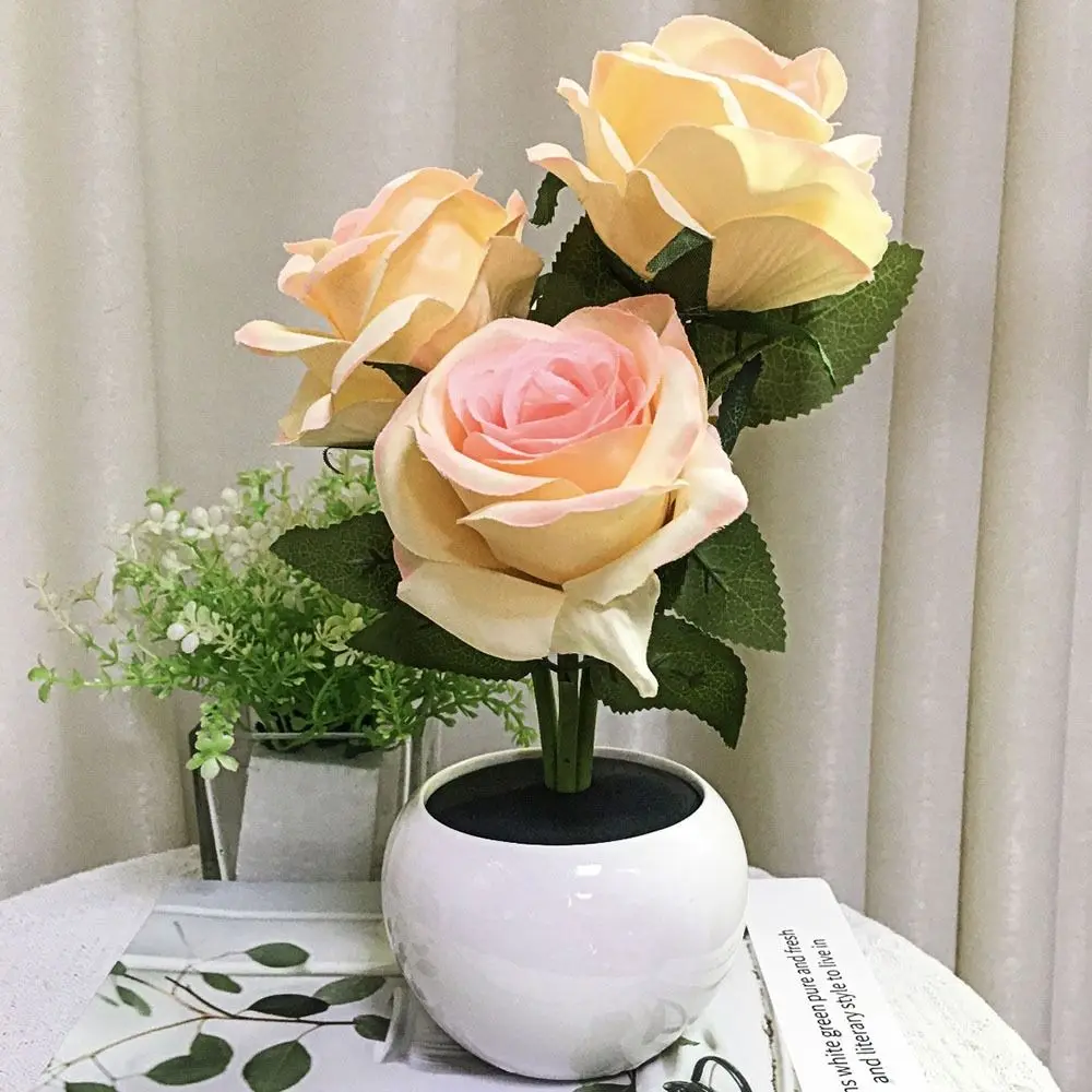 Ceramic Base LED Rose Table Lamp Soft Light 2/3 Flowers Flower Bonsai Night Light Exquisite Decorative Romantic Atmosphere Lamp