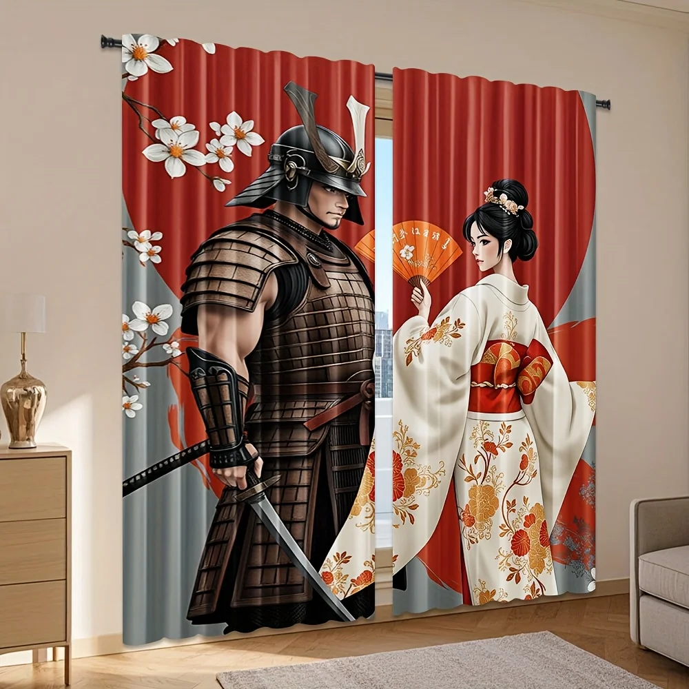 Samurai and Geisha Curtains Japanese Traditional Art Print Window Drapes Oriental Theme Home Decor Living Room Bedroom Culturai