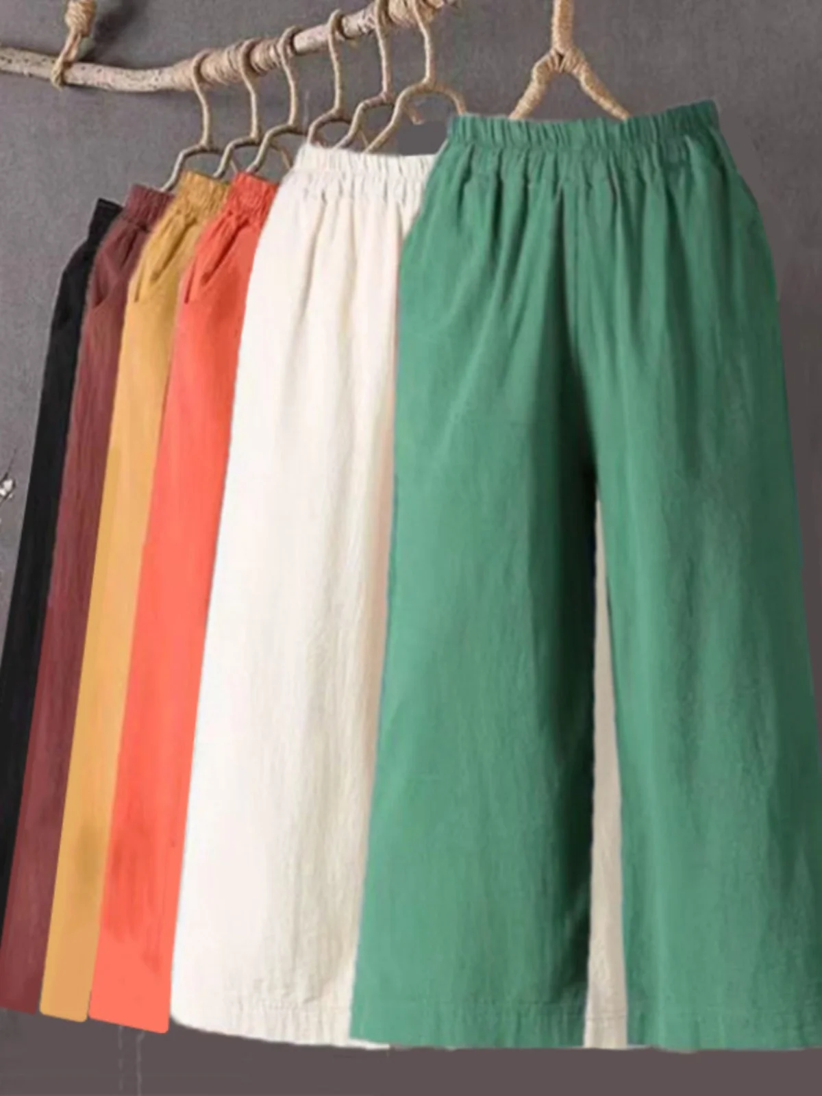 

High Waist Cotton Linen Wide Leg Pants Women's Spring Summer New Style Loose Casual Nine Points Pure Color Trousers