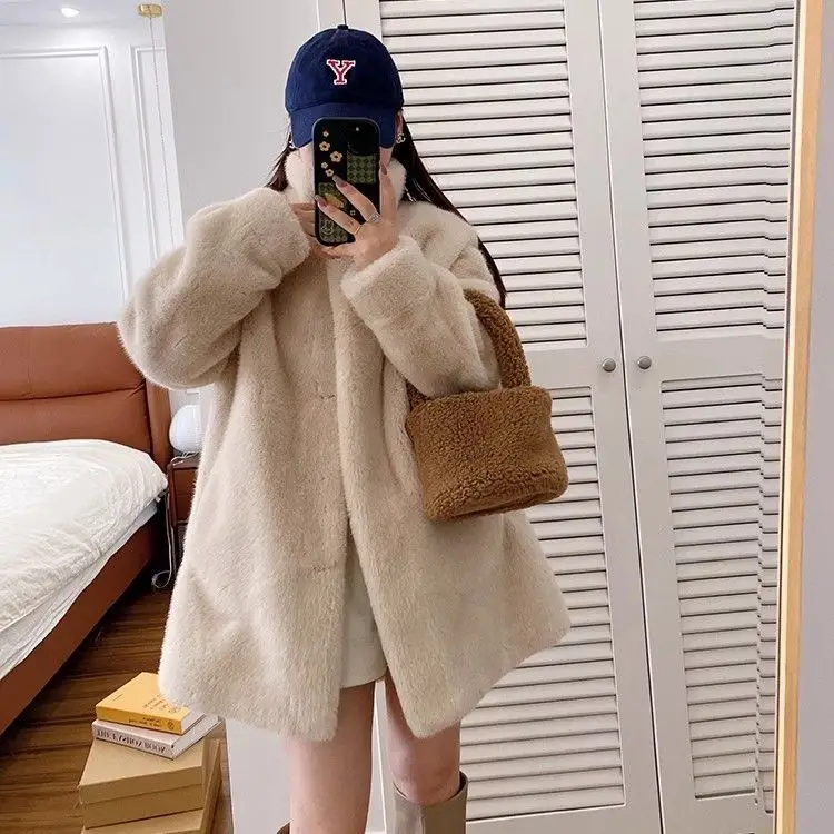 Długi płaszcz ze sztucznego futra damski płaszcze damskie mieszanki dopasowany wieczorowy damski z nadrukiem czysty ręcznie cięty dopasowany krój guziki stójka podszyty