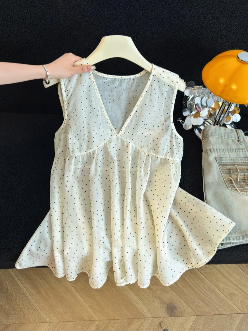 

White Polka Dot V-Neck Sleeveless Vest Women's Summer Anti-Aging Trendy Top Breathable Lightweight Casual Outerwear