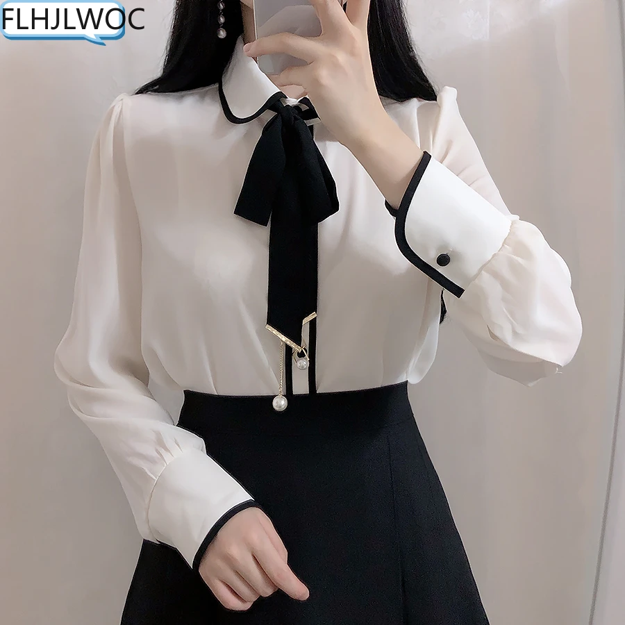 2022 Spring Summer Cute Bow Tie Tops Women Long Sleeve Korea Japanese Preppy Style Formal White Button Shirts Blouse 1221