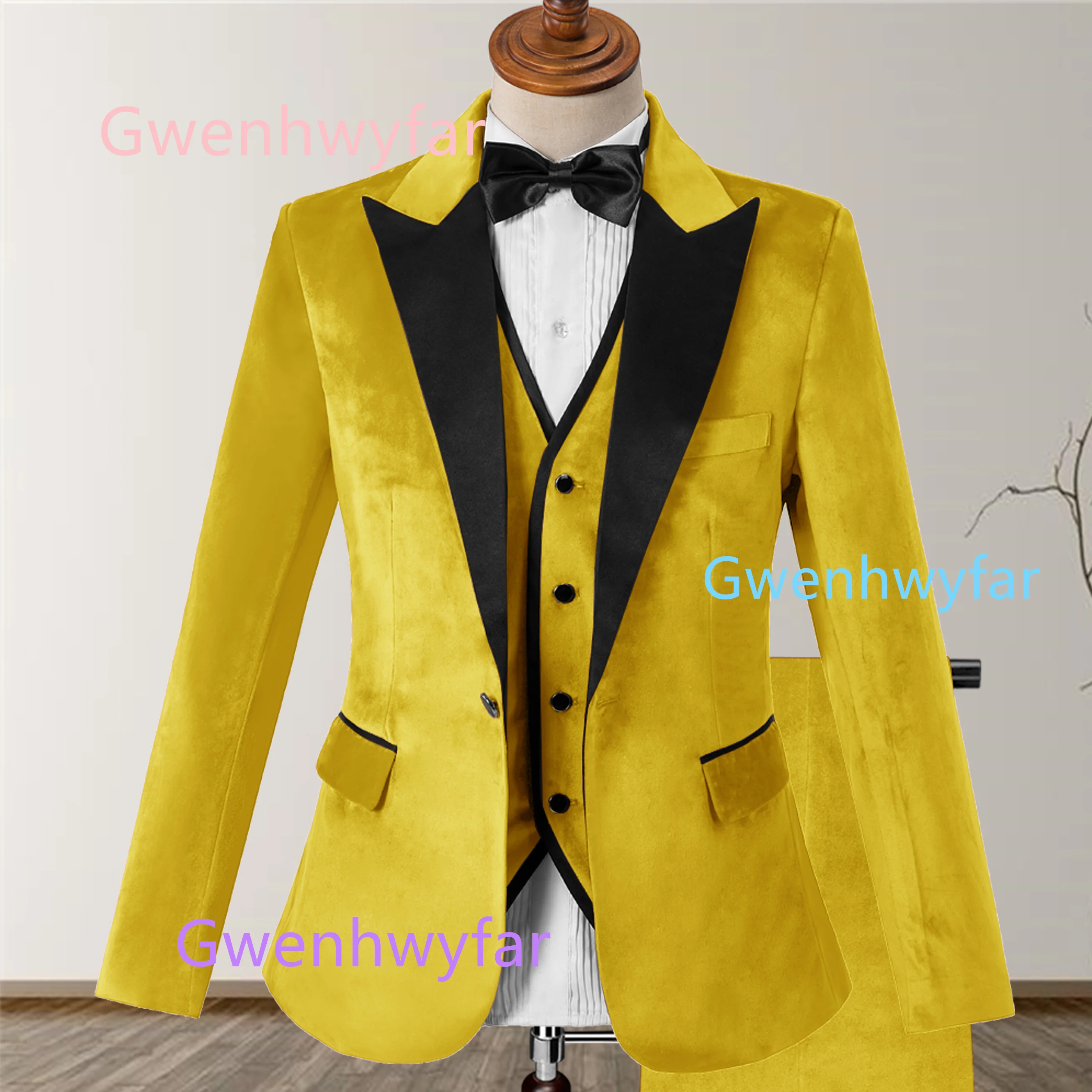

G&N New Winter Velvet 3-Piece Set with Black Satin Collar Elegant Wedding Dress Best Man Coat Pants Vest Set Yellow Red Blue