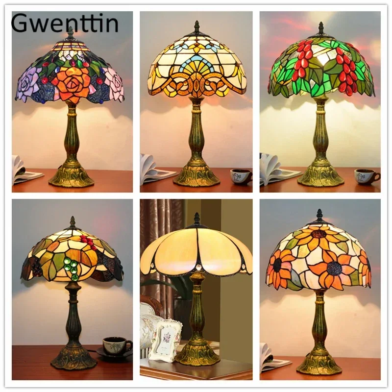 Vintage Tiffany Table Lamps Mediterranean Baroque Stained Glass Led Stand Desk Light Fixtures Bedroom Bedside Lamp Home Decor