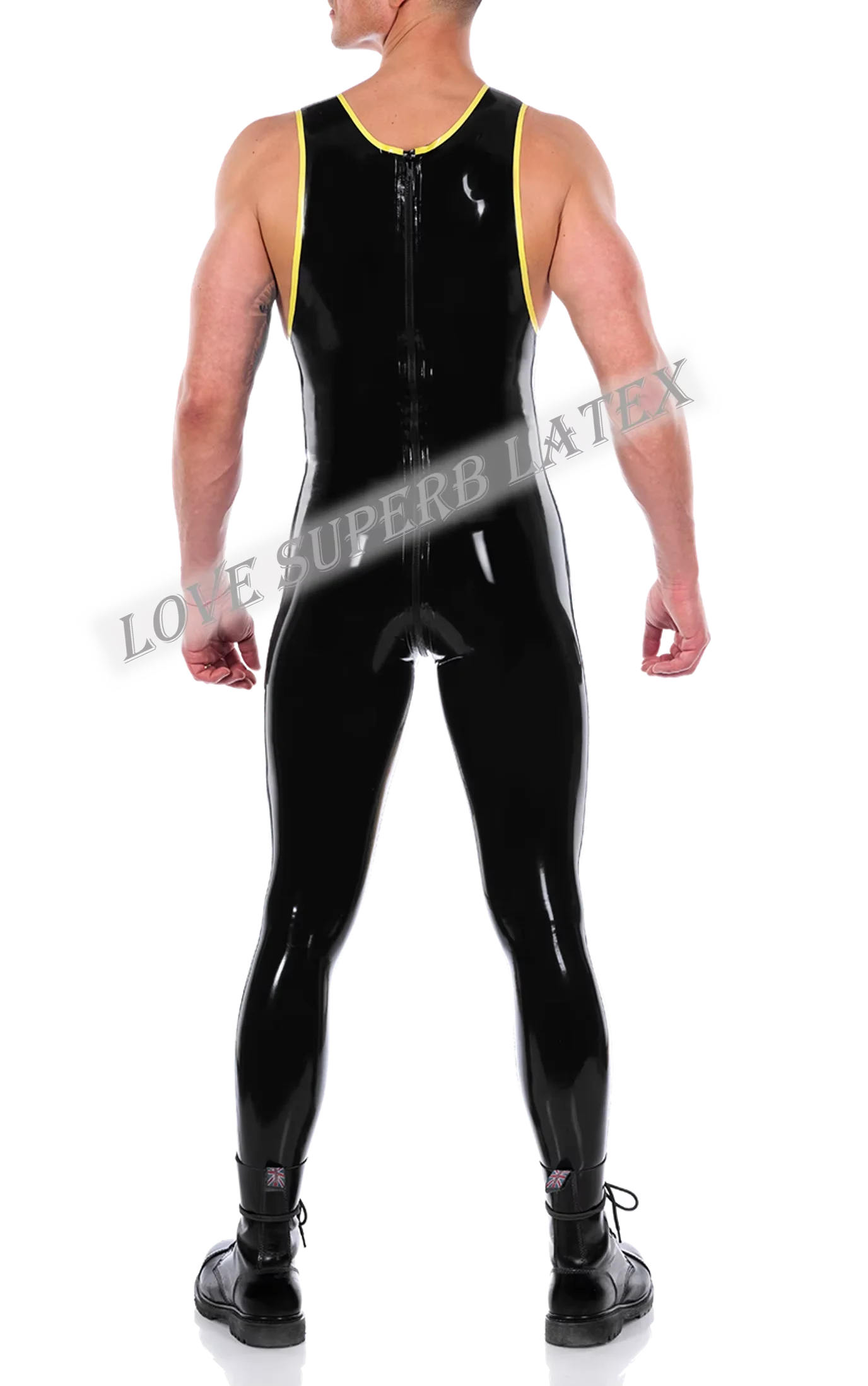 자연 수제 라텍스 Catsuit 블랙 w 옐로우 트림 조끼 고무 뒤 가랑이 지퍼 남성 클럽 착용 점프 슈트 맞춤형