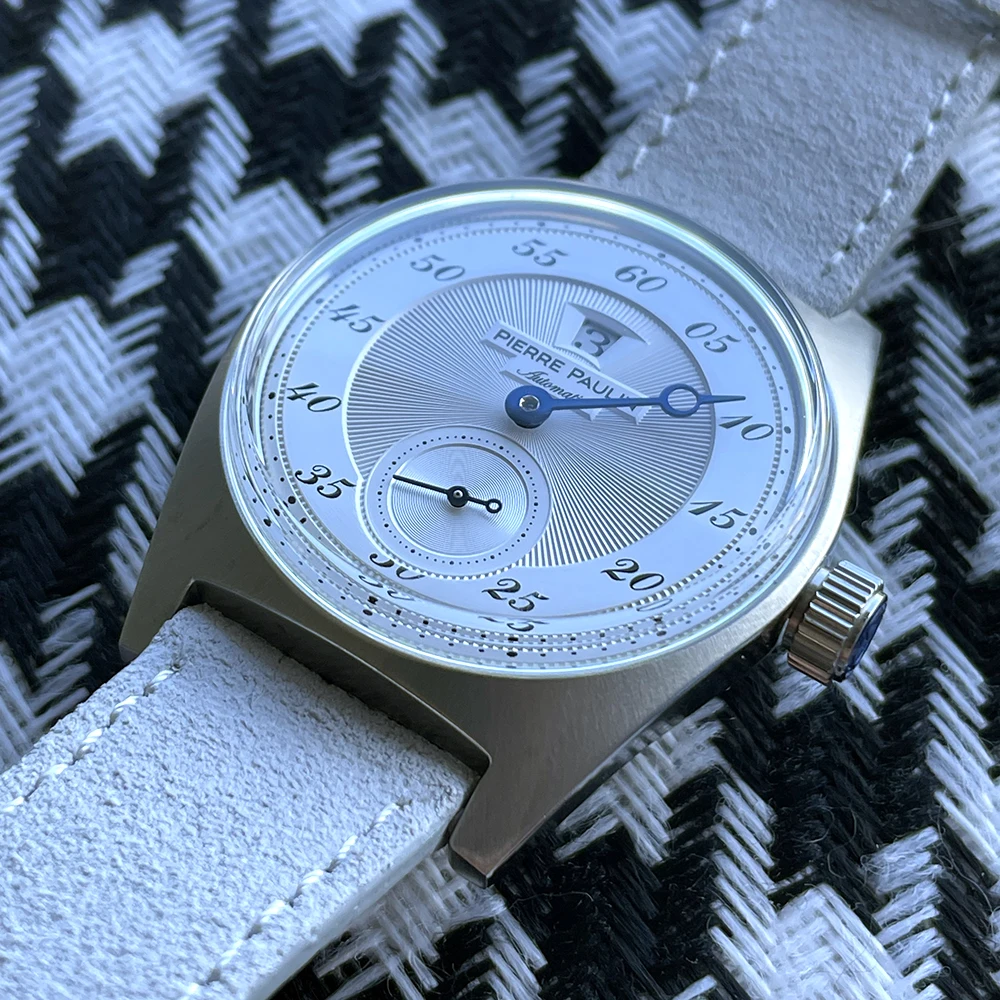 จุดสินค้า Pierre Paulin กระโดดชั่วโมงนาฬิกาผู้ชาย Silver Dial อัตโนมัติ St17 นาฬิกา Vintage วันที่หน้าต่าง 36 มม. โลหะ
