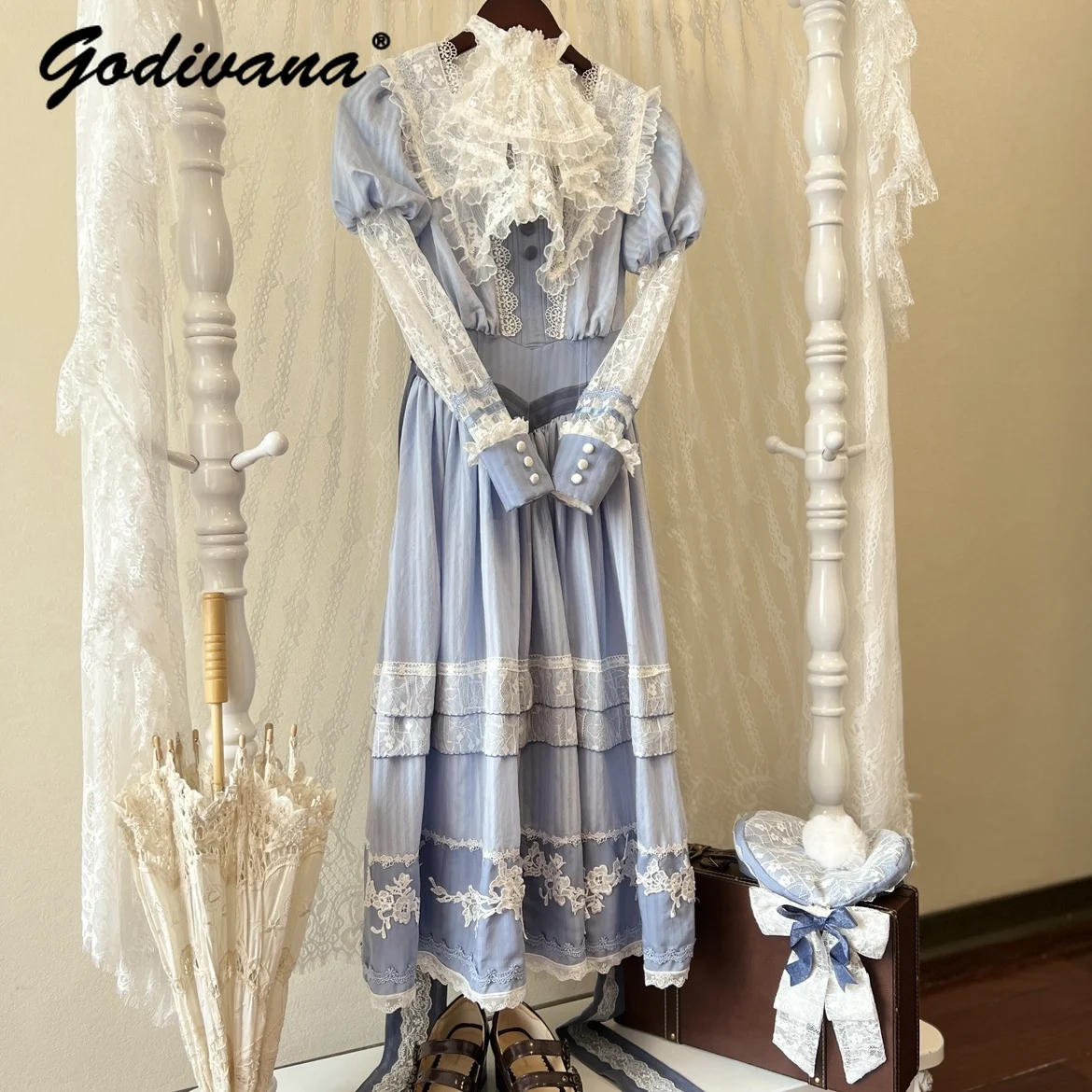 Original Lolita Süße Mädchen Spitze Gesticktes Matrosenkragen Elegantes Cla Kleid Neue Frühling und Herbst Damen Pastorale Lange Kleider