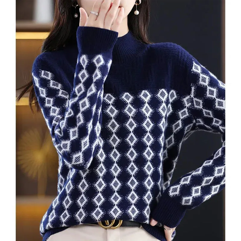 New Autumn Fashion Trend Fireworks Plaid Jacquard Half High Collar Colored Versatile Loose Relaxed Slim Style Women\'s Sweater