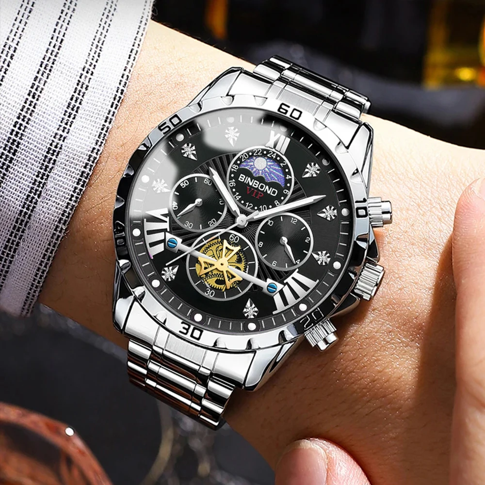 BINBOND رجال الأعمال الساعات العلامة التجارية الأعلى ساعة كوارتز أصلية للرجل مقاوم للماء مضيئة دولاب الموازنة كرونوغراف القمر المرحلة 3103G