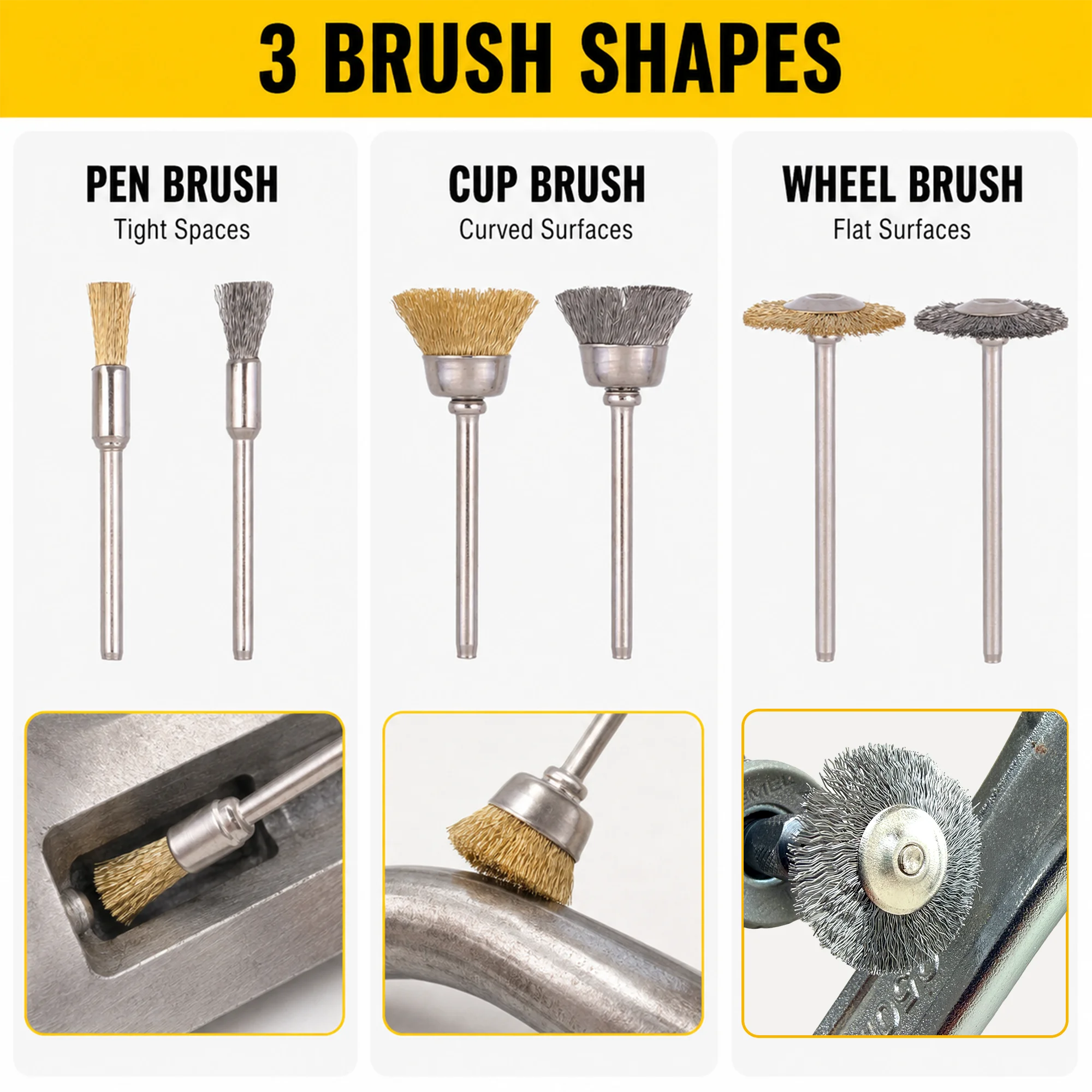 12PCS Brass & Steel Wire Brush Set, Rotary Tool Wire Wheels Brushes for Rust Removal, Metal Cleaning, Deburring & Polishing