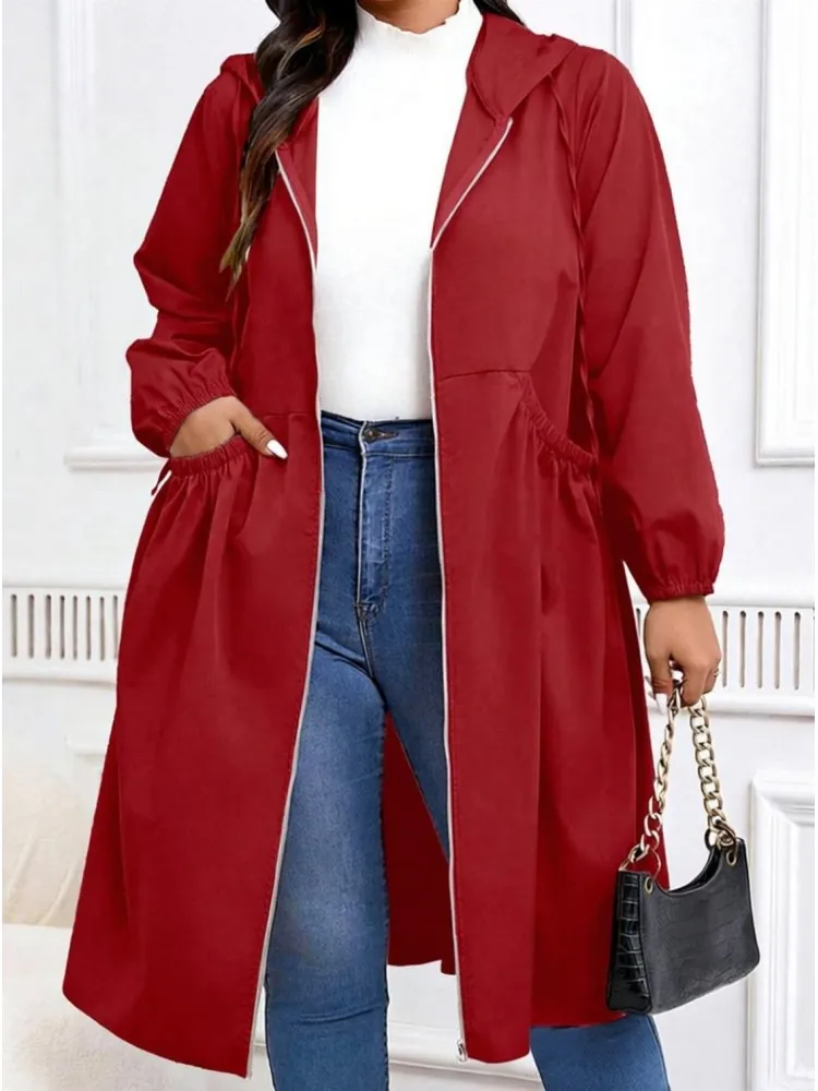 Plus Size Solid Drawstring Single Breasted Coat Casual Long Sleeve Pocket Outerwear For Autumn Winter Women's Clothes For Daily