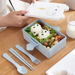 Cartoon Lunch Box Healthy Plastic Wheat Straw with Cutlery Cute Student Rabbit Bear Bento Case Food Container Childen Lunch Box