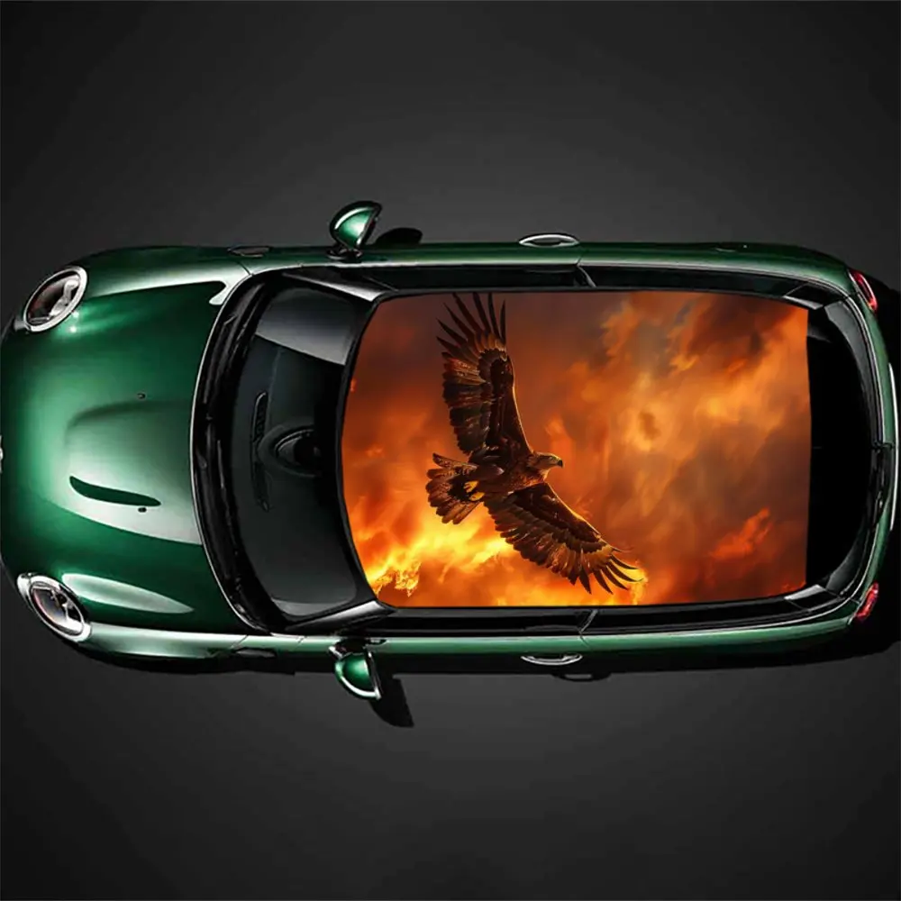 

Eagle Soaring in Burning Flame Car Roof Sticker Wrap Racing SUV Auto Accessories Packaging PVC Car Hood Graphic Decal Decoration