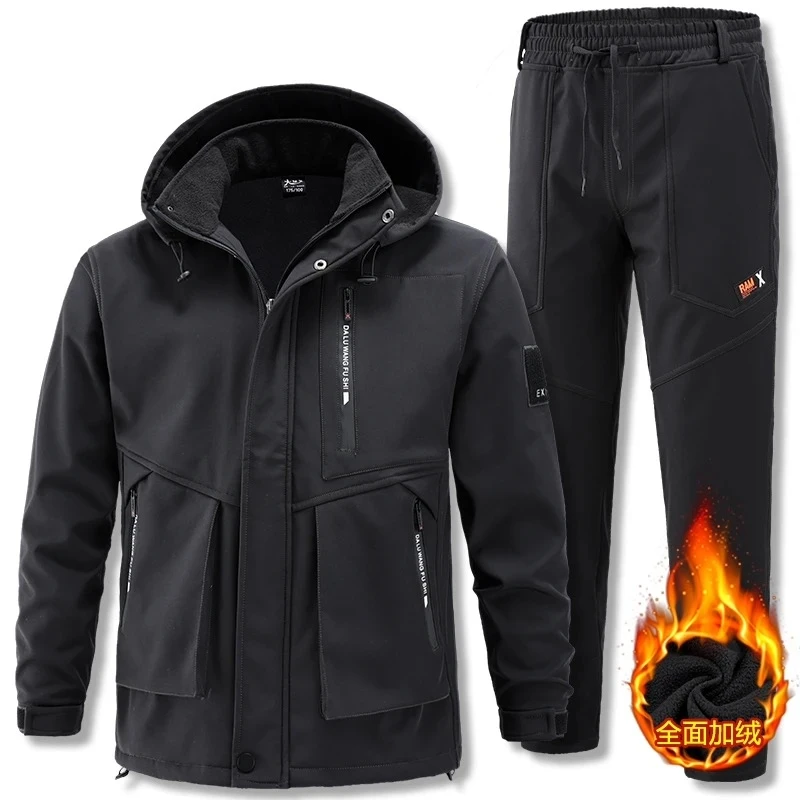 

Autumn and Winter Men's High Quality Plush Thick Stormtrooper Jacket Set Outdoor Mountaineering Clothing Windproof and Waterproo