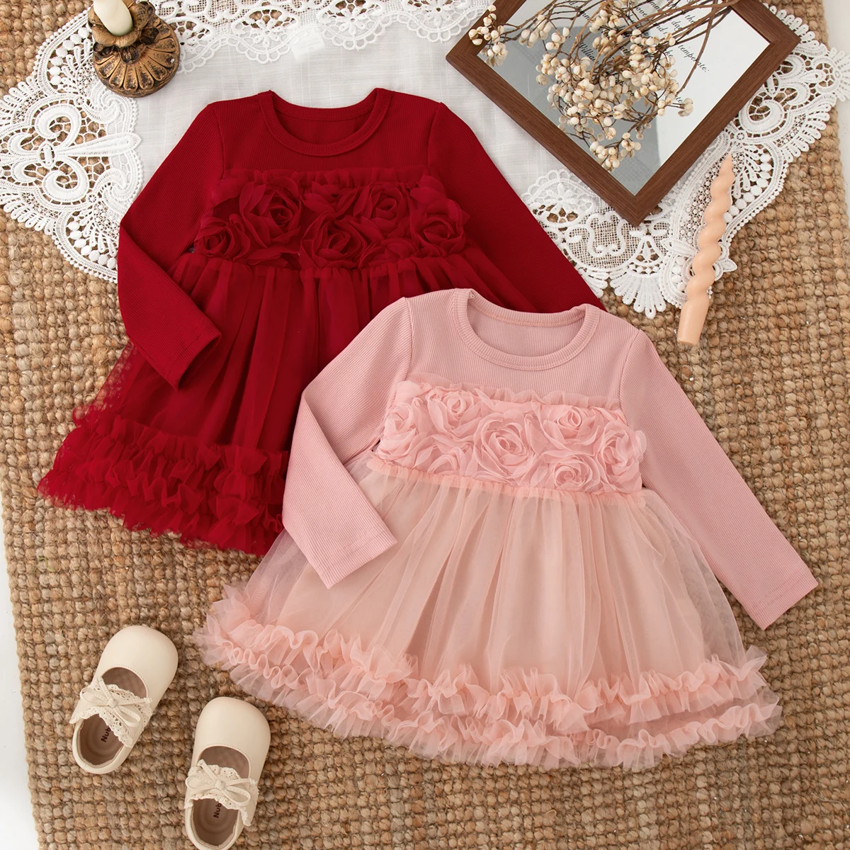 6 Months-3 Years Baby Girl Dress Autumn/Winter New Sweet Rose Long Sleeves Chiffon Ball Dress Retro Girl Birthday Princess Dress