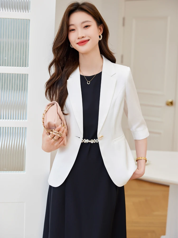 

White Slim Fit Suit Set for Women Summer New Sle Thin Seven Sve Career Dr Profional Skirt Commute Sle Nylon Fabric