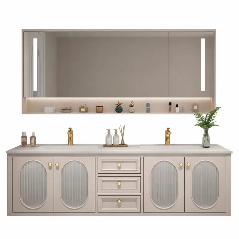 X9P Light Luxury American Style Rock Slab Integrated Seamless Double Basin Bathroom Cabinet Cream Color Washbasin Vanity