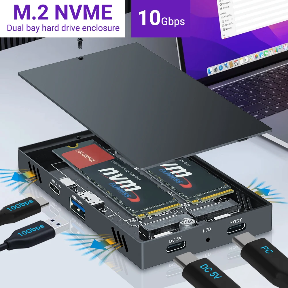 

Dual Protocol M2 NVME SSD Enclouse 10Gpcs M.2 Dual Bay NVMe Case Box Docking Station hub USB type-C Solid State Drive Adapter