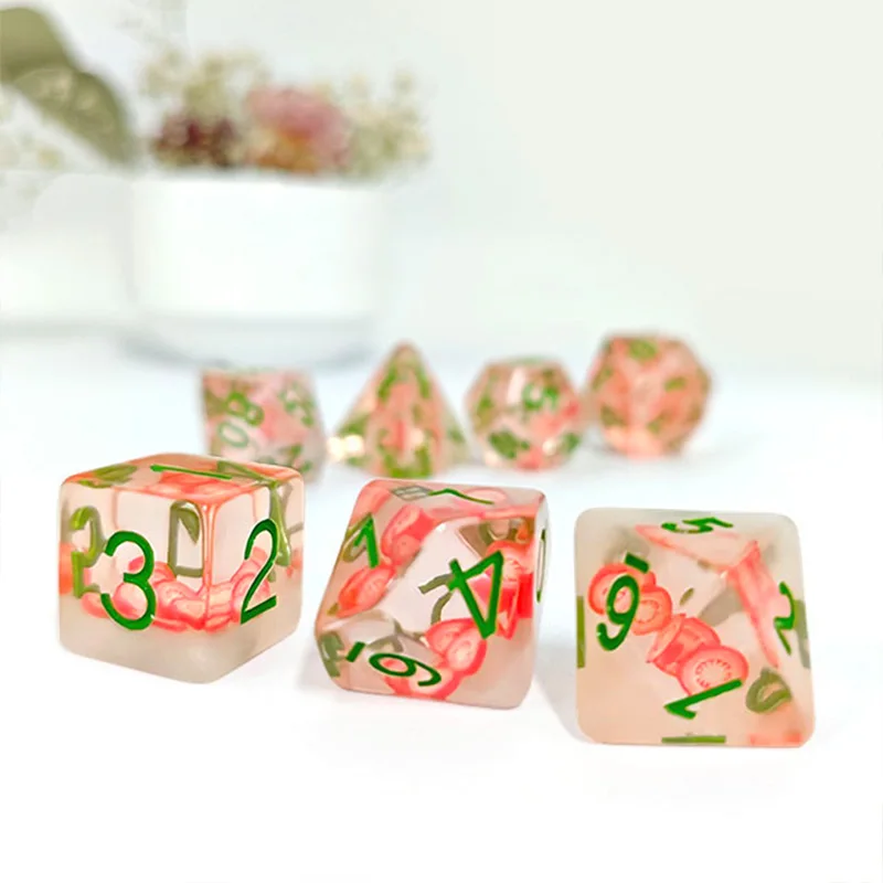 7 Pieces Game Dices Resin Polyhedral Fruit Themed Dices for Party Bar KTV Card Game Role Playing Game Digital Accessories