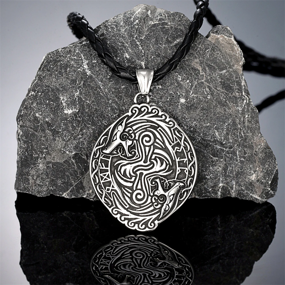 Norse Mythology Odin's Wolf Necklaces Men Vikings Runes Futhark Stainless Steel Pendant Celtic Symbols Amulet Icelandic Jewelry