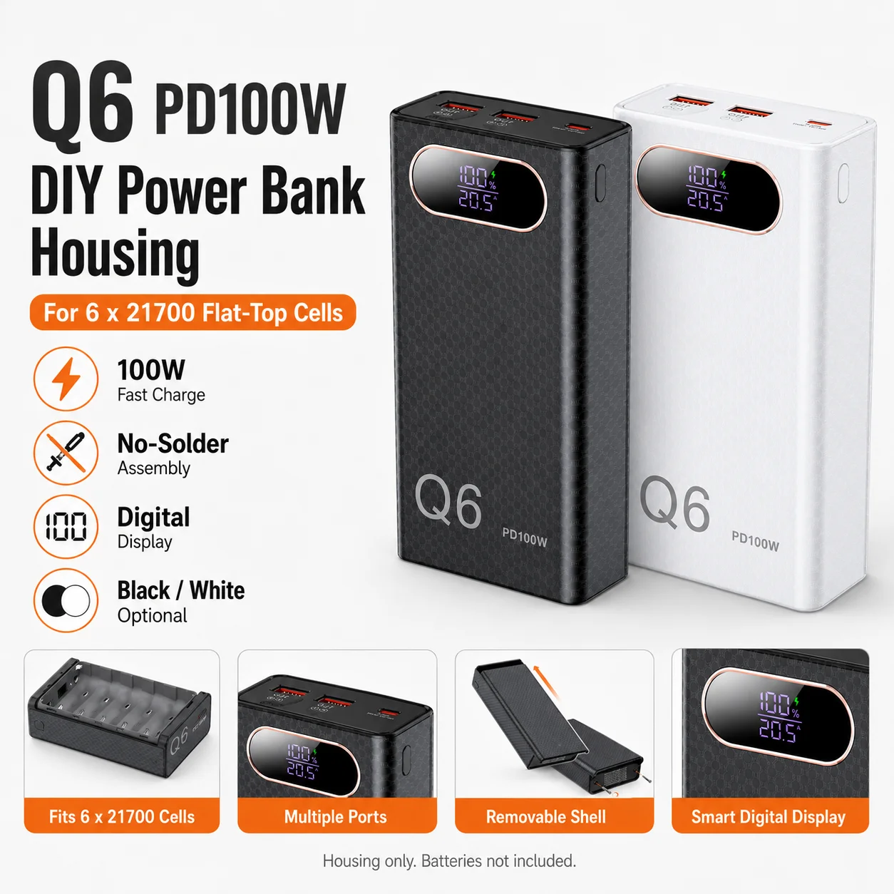 Q6 PD100W DIY Power Bank Housing Kit for 6x21700 Flat Top Cells No-Solder Fast Charge Case with Digital Display