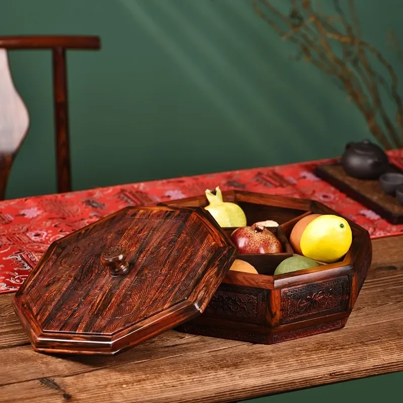 For Chinese Solid Wood Five Grid Candy Box With Lid Red Rosewood Dried Fruit Plate Household Living Room Furniture Storage