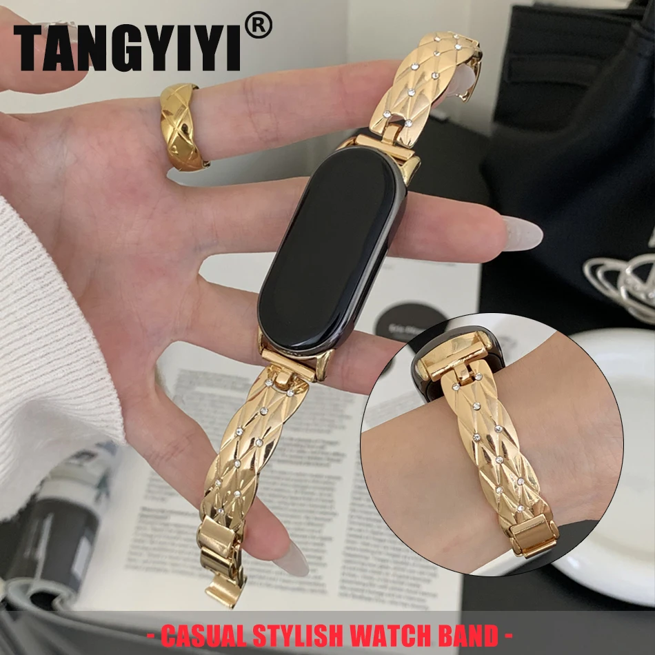 Luxury Sparkling Diamond Check Strap For Xiaomi Mi Band 10 9 8 Pro Miband 9 Pro 8Pro Metal Wristband Bracelet Replace Watch Band