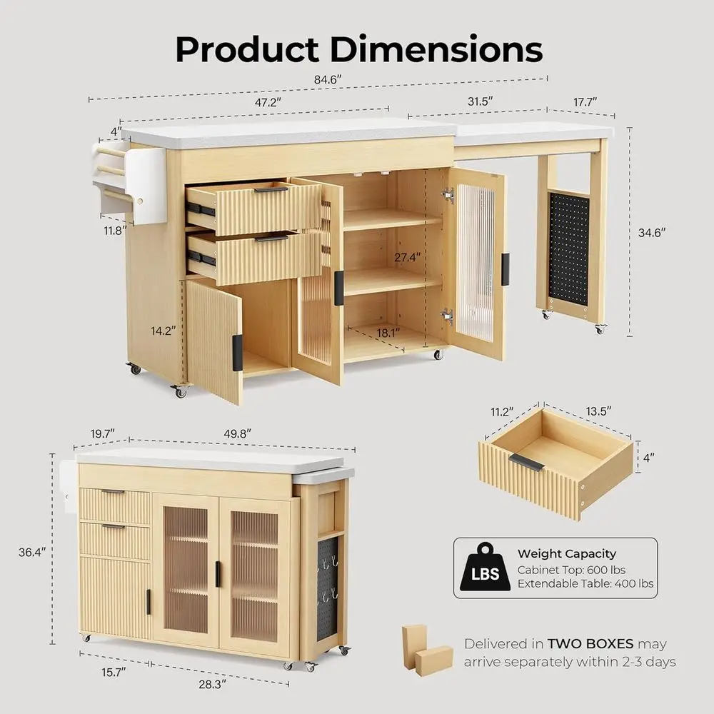 Oak Kitchen Island with Extendable Dining Table, Rolling Cart, Quartz Top, Storage, and Spice Rack