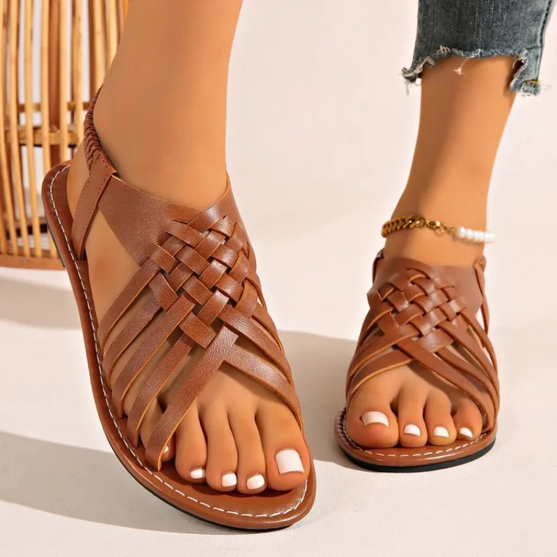 Damen-Sandalen in einfarbiger Vintage-Ausführung mit atmungsaktiven Aussparungen, Sommer-Neuheit, elastisches Band, leicht, lässig, modisch