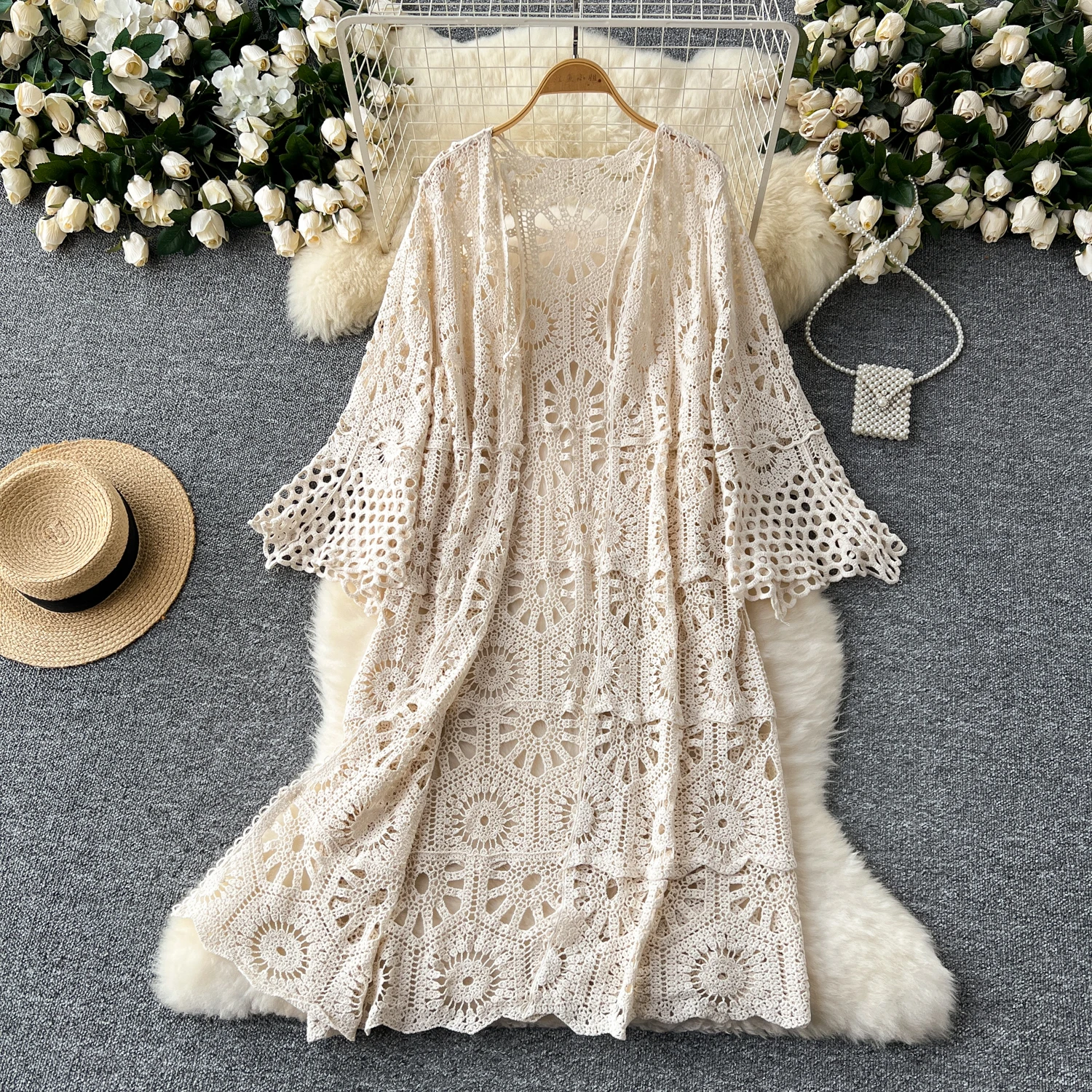 

2025 Spring/Autumn Beach Vacation Hollow Crochet Cardigan For Women Bohemian Cape Long Sun Protection Jacket Knitted Tops