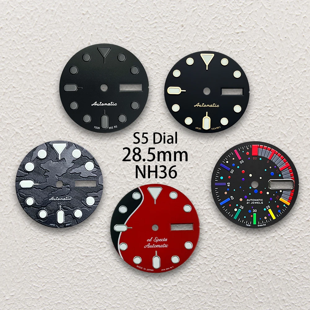 

28.5mm S5 Logo SKX007 Dial Fit NH35/NH36/4R36 Movement Green Luminous camouflage/Colorful Dial Watch Modification Accessories