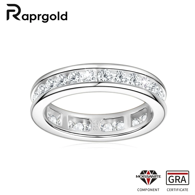 

RAPRGOLD GRA Certified Round Cut Moissanite Rings for Women S925 Silver Groove Inlaid Wedding Ring Eternity Band Anillos Hombre