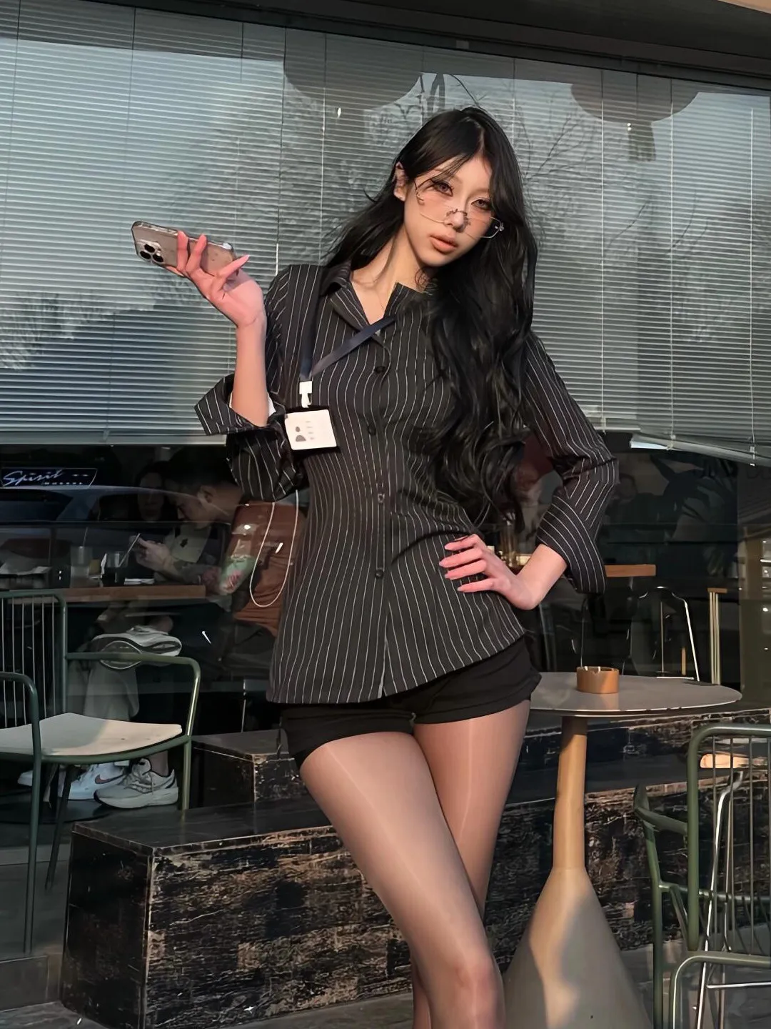 

Slim Fit Striped Long Sleeve Shirt Women's Korean Style Belted Waist Flared Collar Commute Top Polyester Fiber 2026 Spring