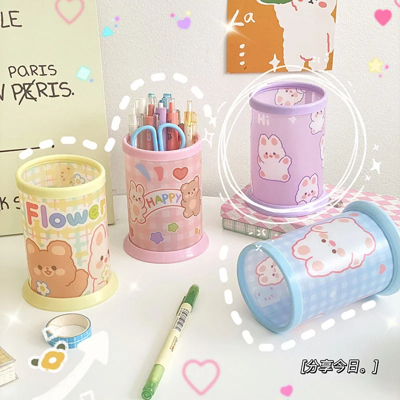INS Cartoon Round Pen Holder Small Fresh Stationery Storage Box for Student Desktop