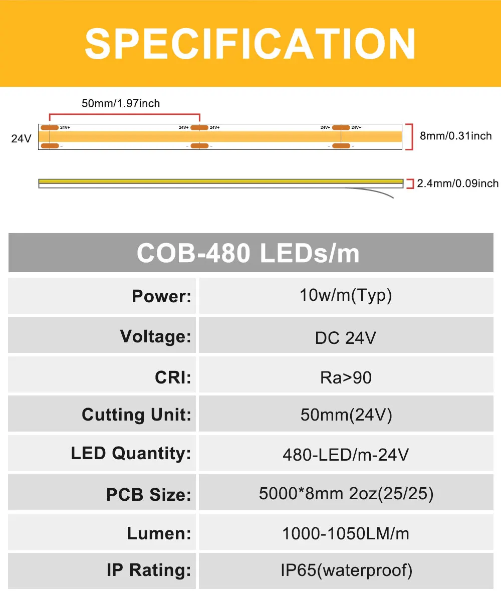 IP65 Wasserdichter COB LED-Lichtstreifen 480LEDs/m Flexibles LED-Band 3000K 4000K 6000K RA90 Linear Dimmbarer FCOB LED-Streifen DC24V – Detail 6