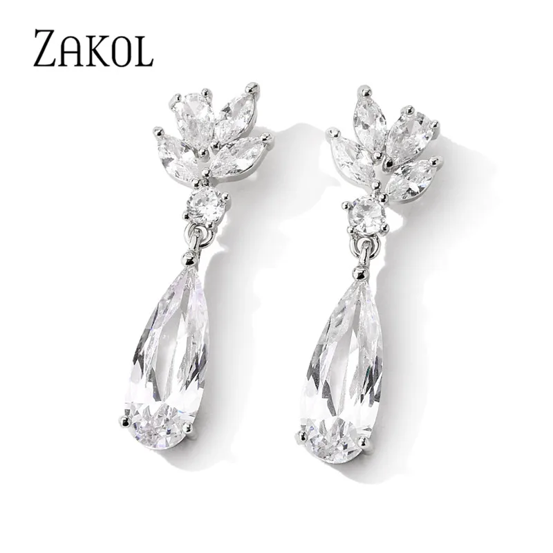 ZAKOL Orecchini pendenti con zirconi cubici a goccia d\'acqua bianca per le donne Gioielli da sposa a forma di fiore di cristallo da sposa moda EP2972