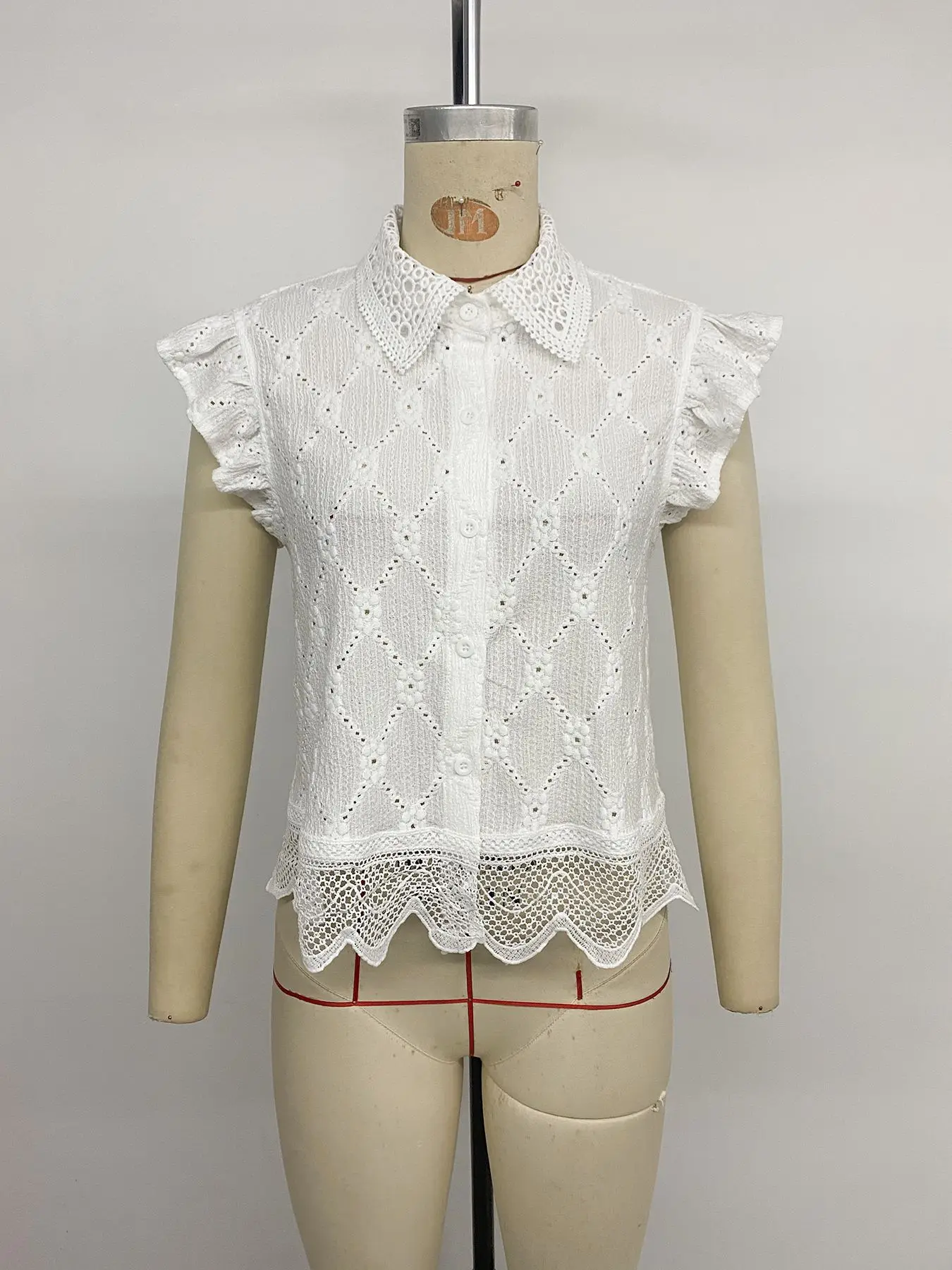 

Women T-Shirt 2026 Summer New Jacquard Flyaway Sleeve Solid Color Ruffles Patchwork Design Turn-Down Versatile Shirt Top