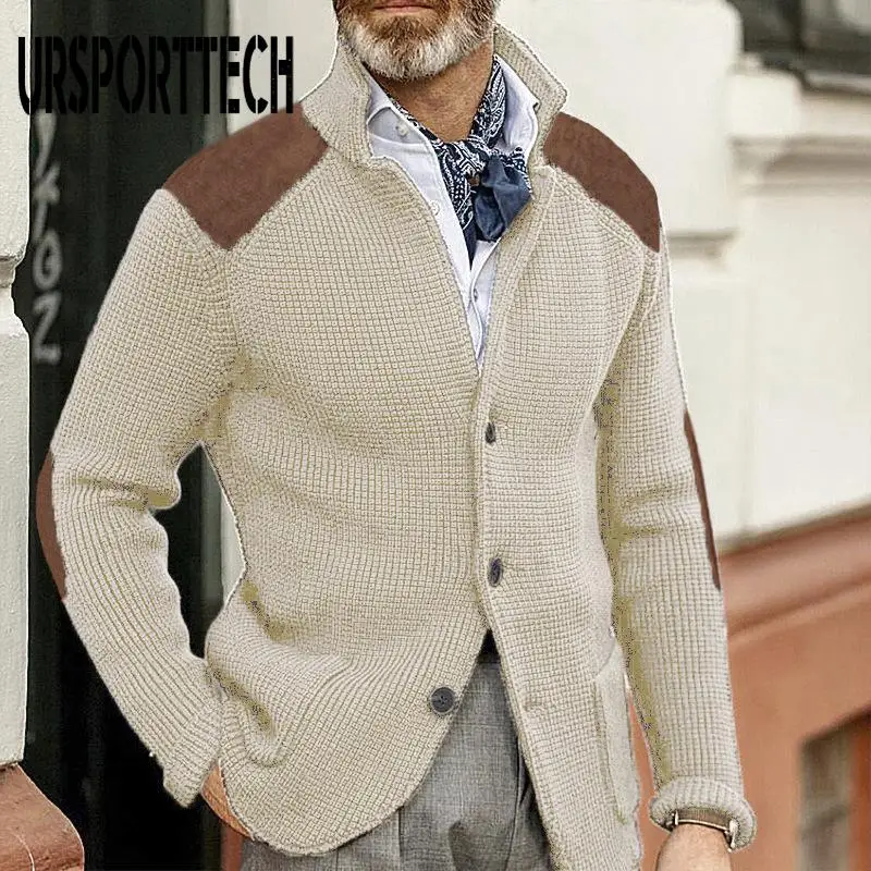 

URSPORTTECH Autumn Winter Men's Sweater Cardigan Slim Fit Lapel Long Sleeved Knitted Sweater Oversized Men's Cargidan Sweater