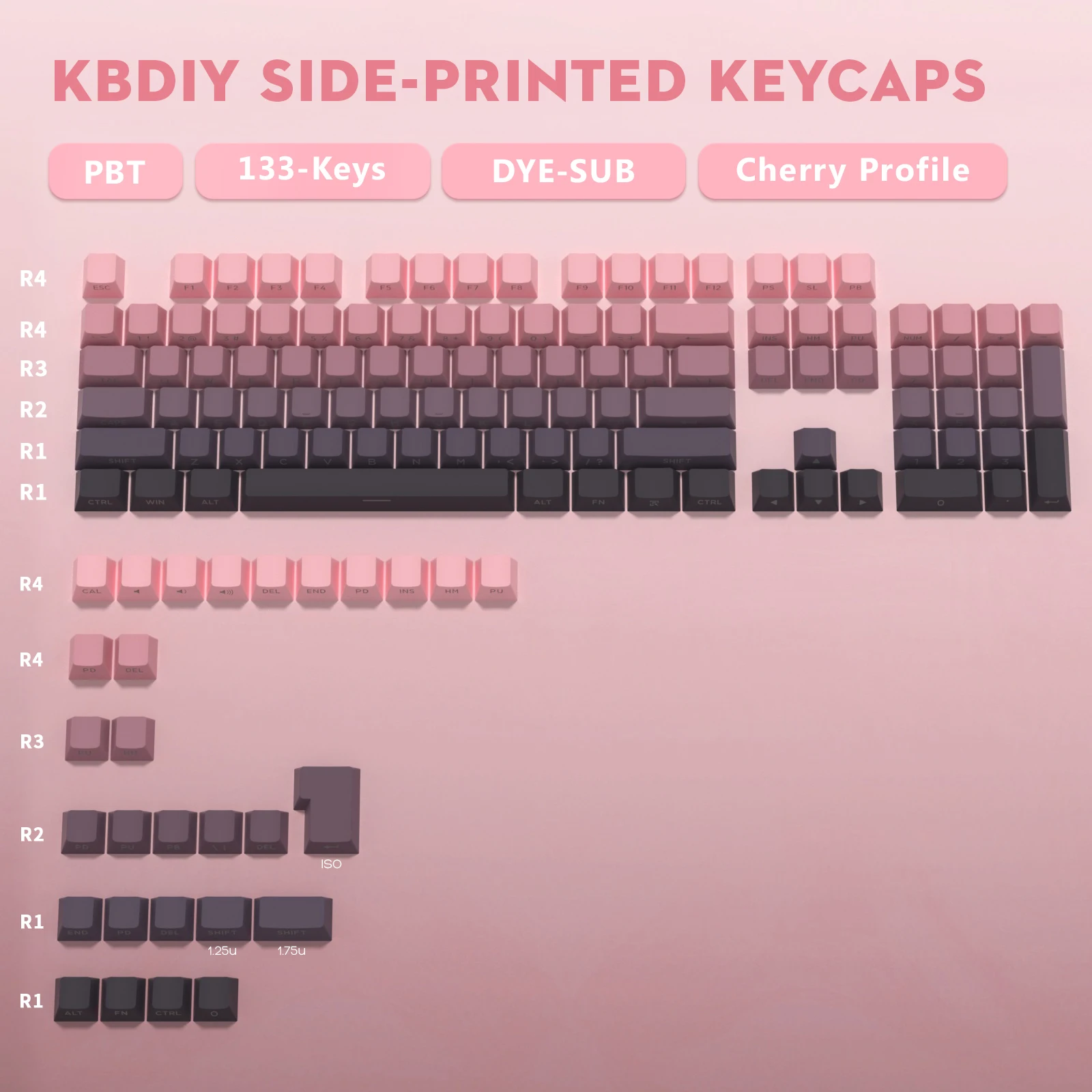 KBDiy 133 Keys Side Printed Gradient Pink Keycaps Set for Mechanical Keyboard Keycap 60 PBT Custom Cherry Profile for 61 75%