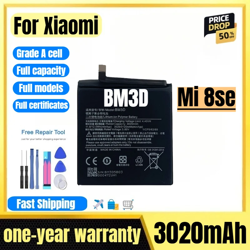 

BM3D for Xiaomi Mi 8se Mobile Phone Battery High Quality High Capacity Battery Replacement Bateria Grade A Cell with Tools