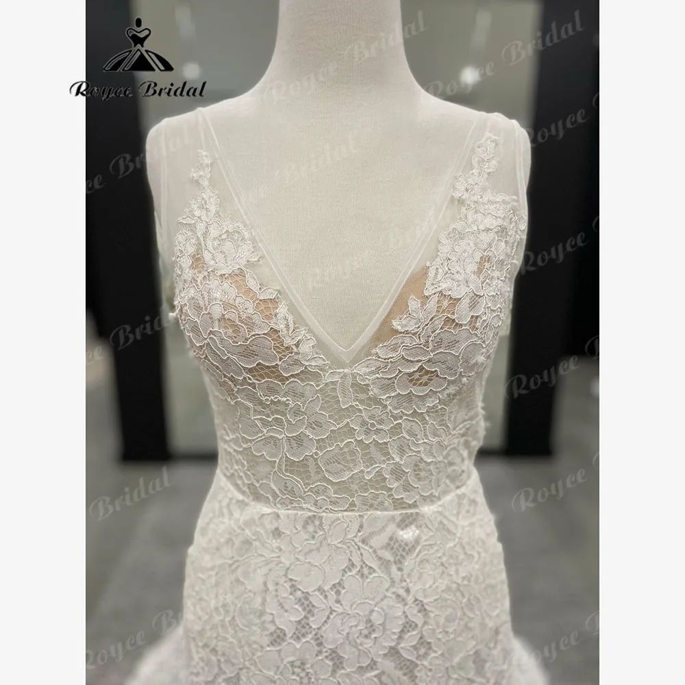 Abito da sposa a sirena in pizzo pieno Boho senza maniche con scollo a V Vintage per donna 2024 abito da sposa senza schienale su misura abito sposa Sexy