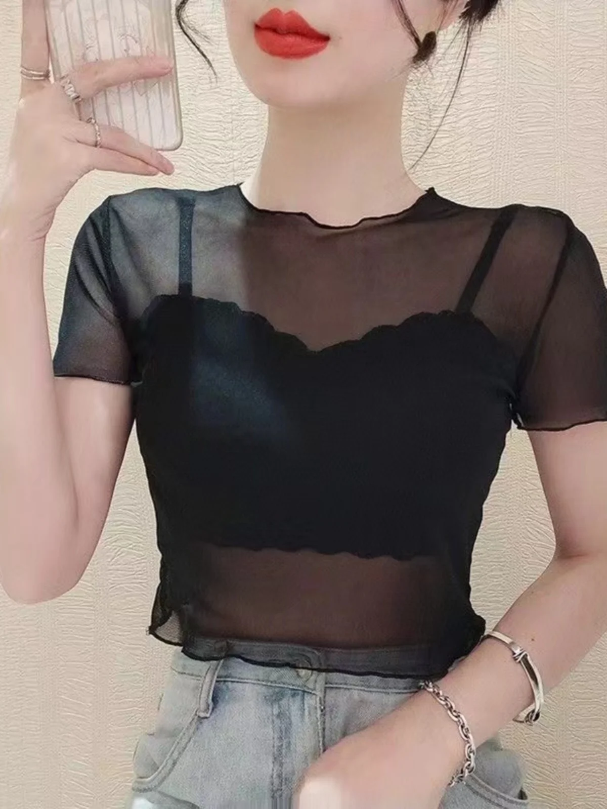 半袖 レディース キャミソール アンダードレス 透明 ネット レース トリム ベース 薄い セクシー トップ 夏 ポリエステル ブレンド ラウンドネック ショート丈