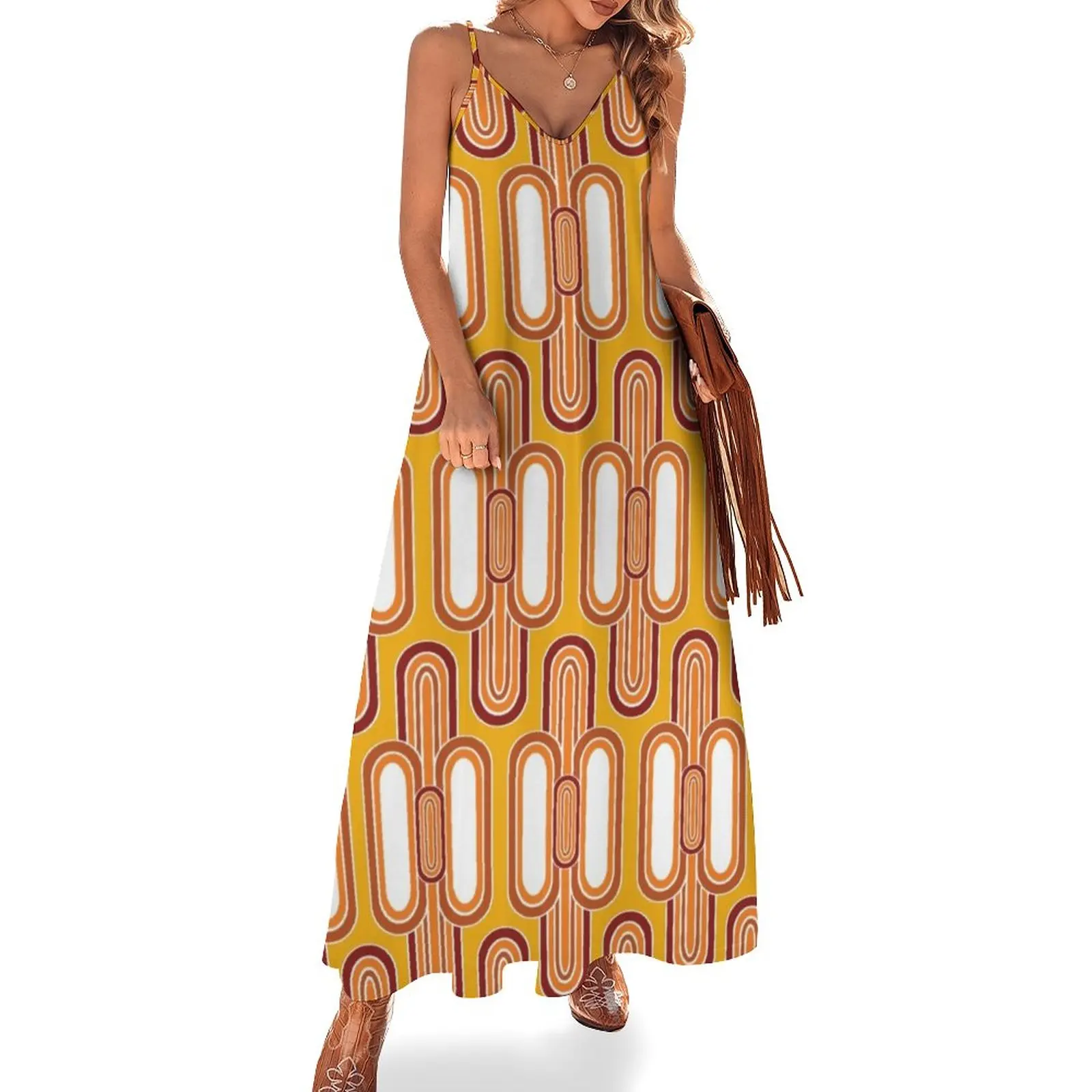 

1970's Retro Vintage Seventies Style Pattern Sleeveless Dress women's elegant loose dresses evening dress ladies